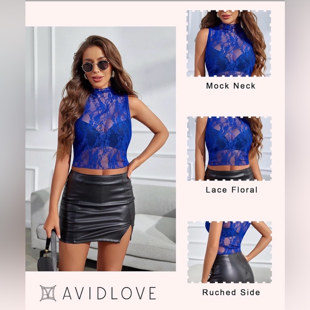 Blue Lace Mesh Sleeveless Top Floral Sheer See Through Sexy Tops Mock Neck Shirt - Picture 3 of 7